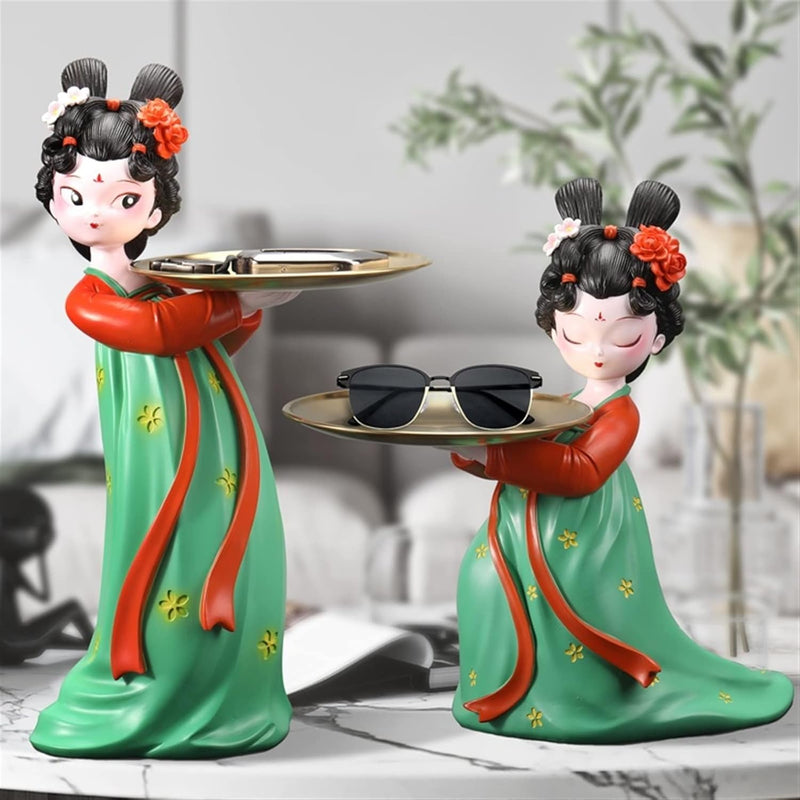Elegant Oriental Figurine Tray Set – Decorative Serving Statues