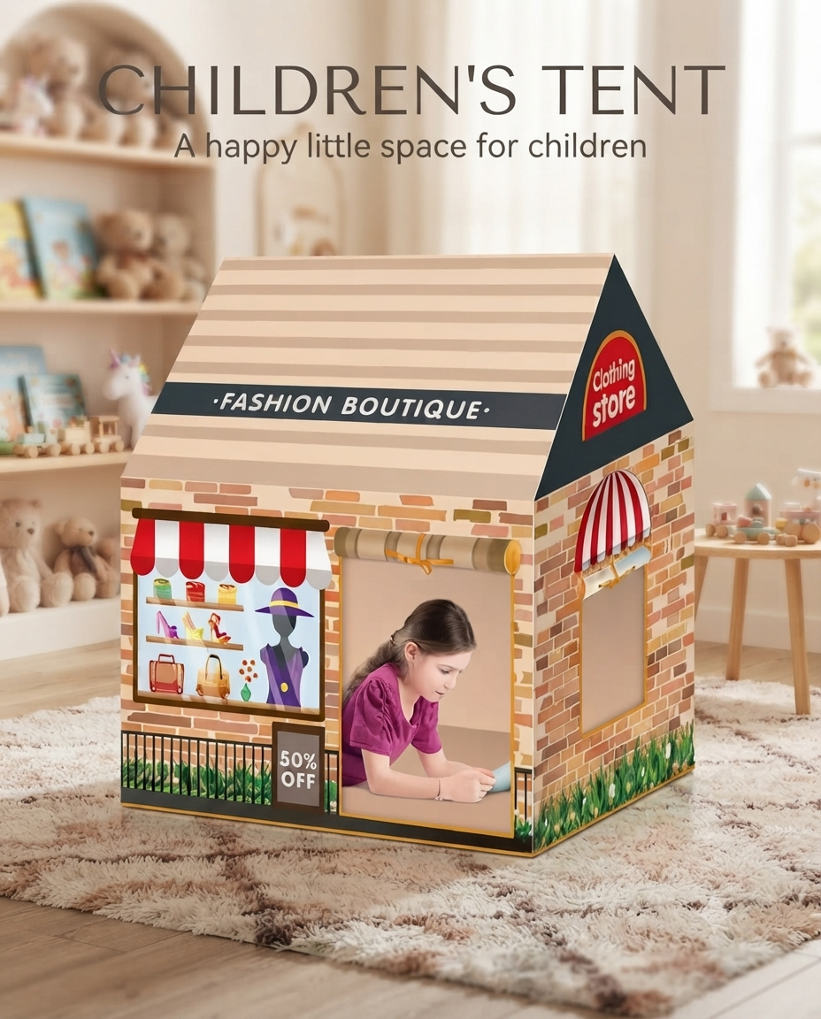 Fabric children play tent designed like a storefront shop with brick pattern and fabric awning