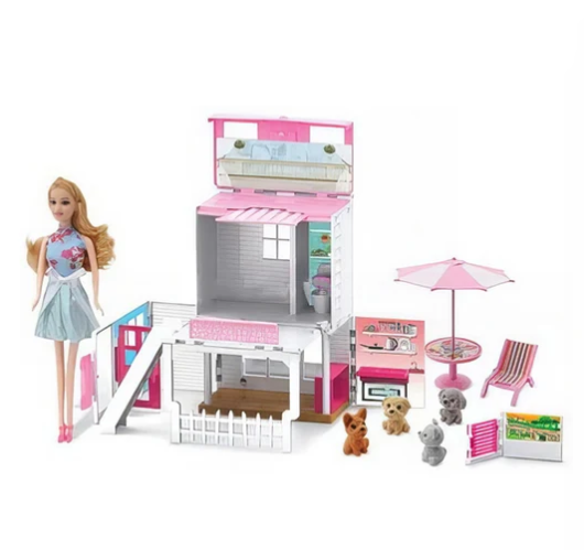 pink duplex beachside villa with doll