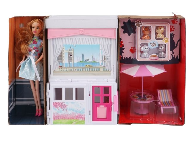 pink duplex beachside villa with doll