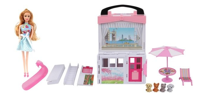 pink duplex beachside villa with doll