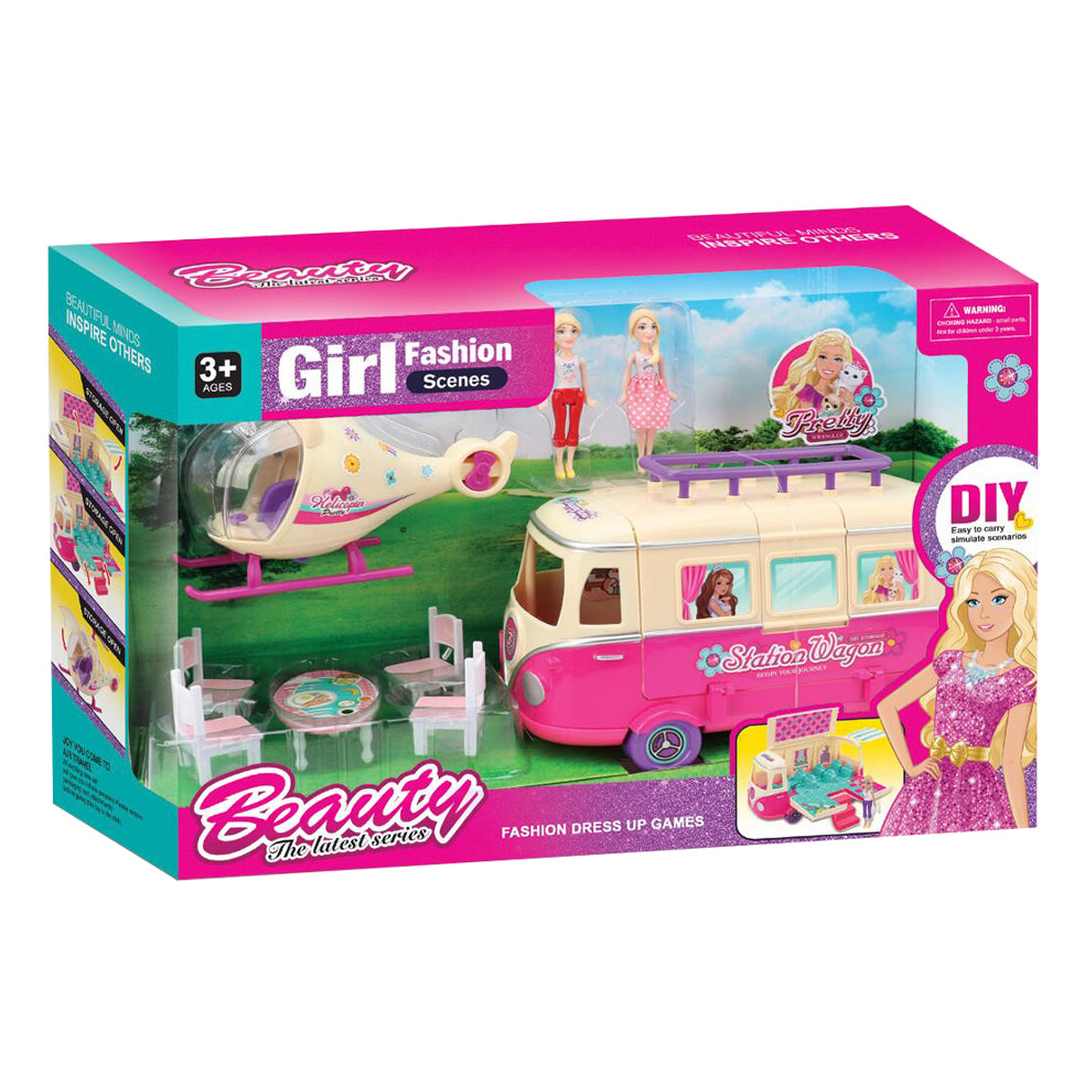 DIY picnic minibus and helicopter play set with dolls for 3+ girls