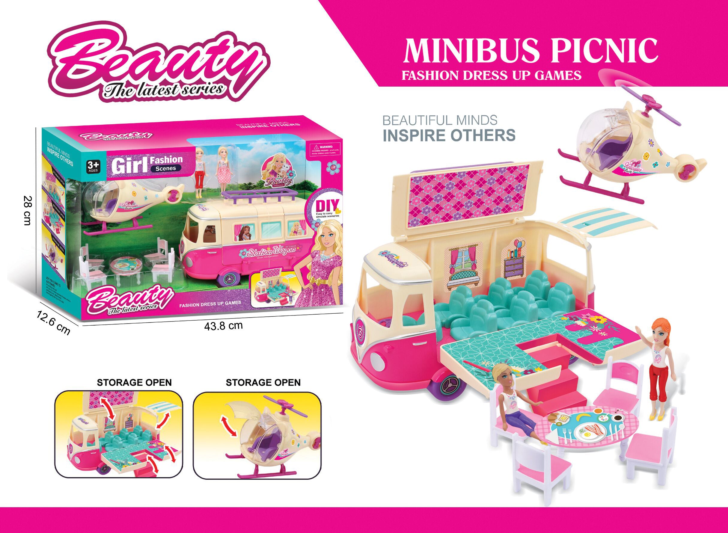 DIY picnic minibus and helicopter play set with dolls for 3+ girls