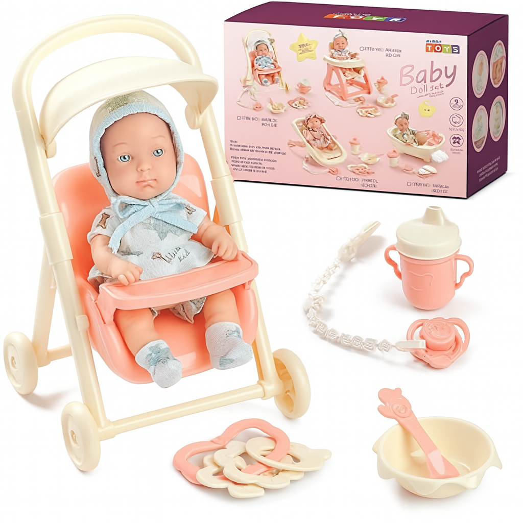 ست عروسک کودک Sweet Stroll – عروسک واقعی با کالسکه و لوازم جانبی تغذیه
