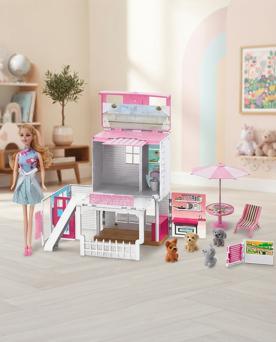 pink duplex beachside villa with doll