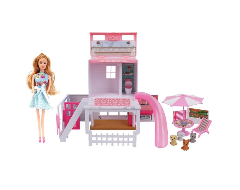 pink duplex beachside villa with doll