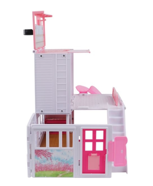 pink duplex beachside villa with doll