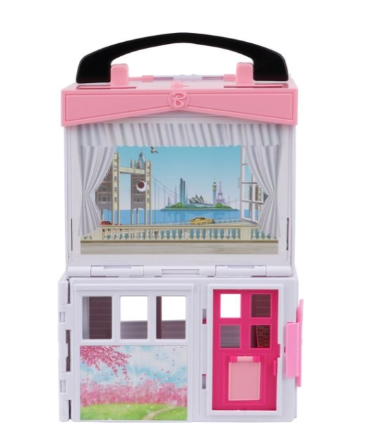 pink duplex beachside villa with doll