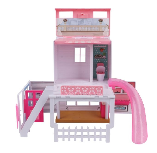 pink duplex beachside villa with doll
